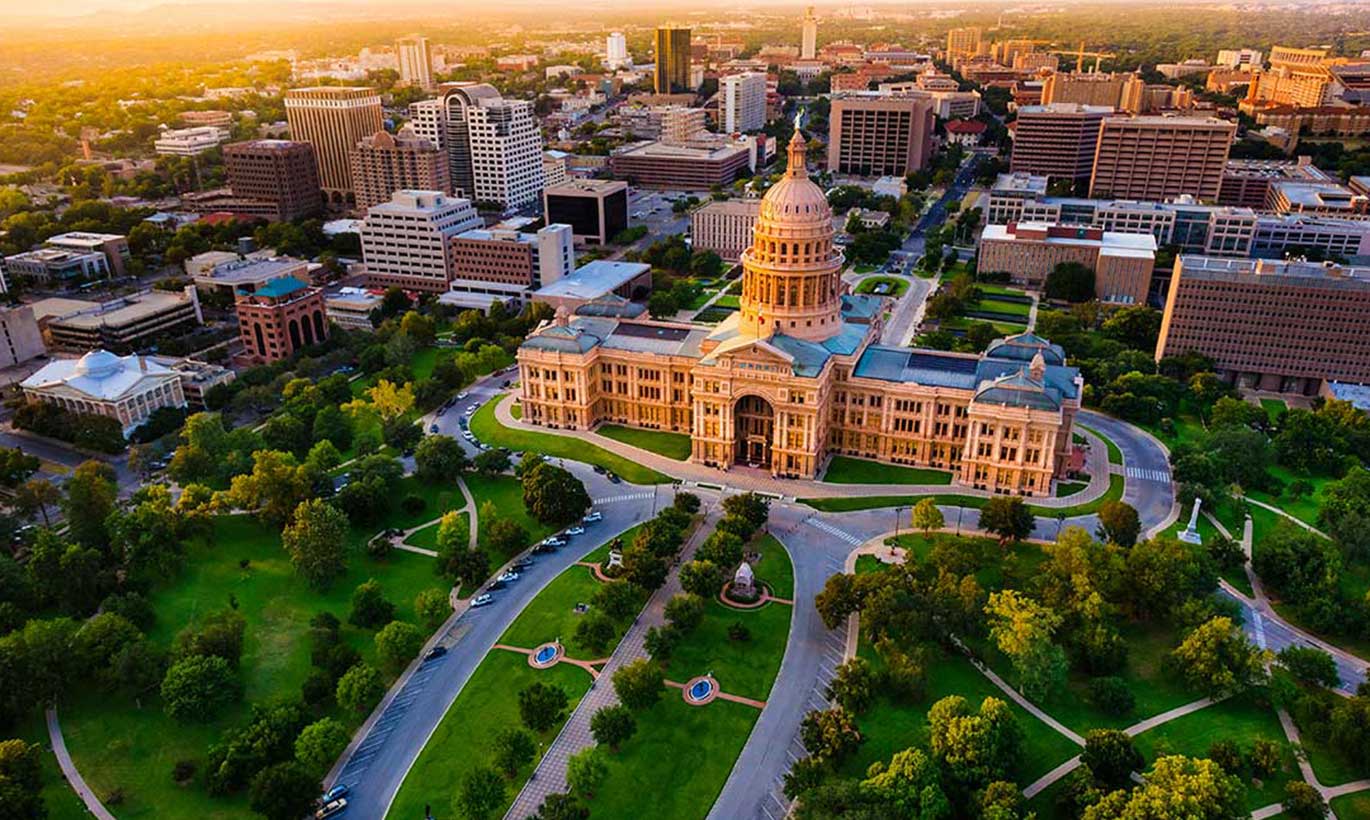 Aerial view of the Austin Capitol building in Austin, Texas.