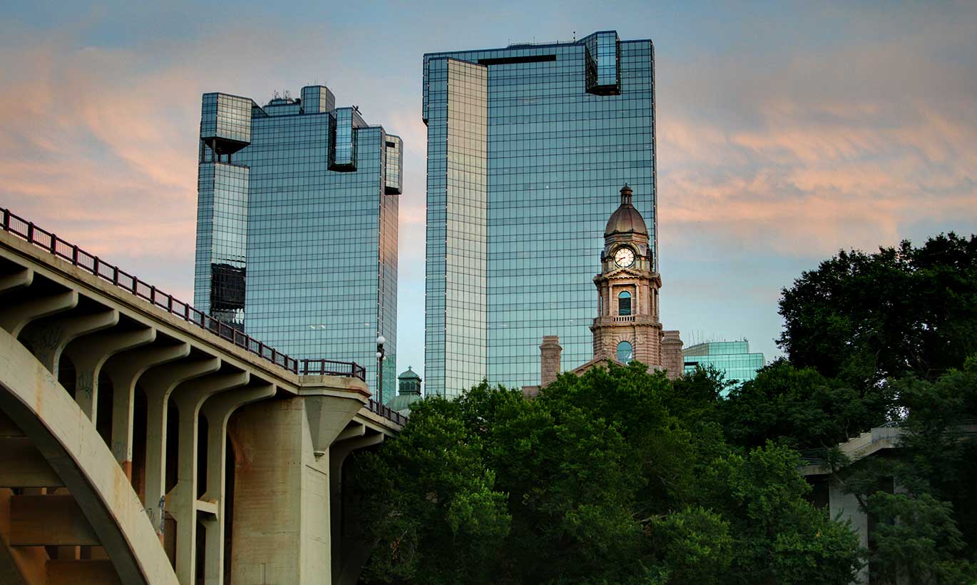 View of downtown Fort Worth at dusk.