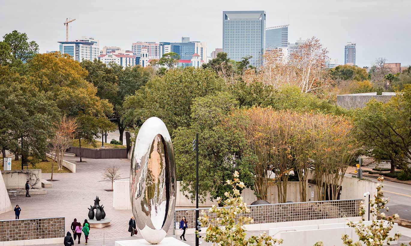 The Cloud Column stainless steel sculpture sits outside Glassell School of Art in Houston, Texas.