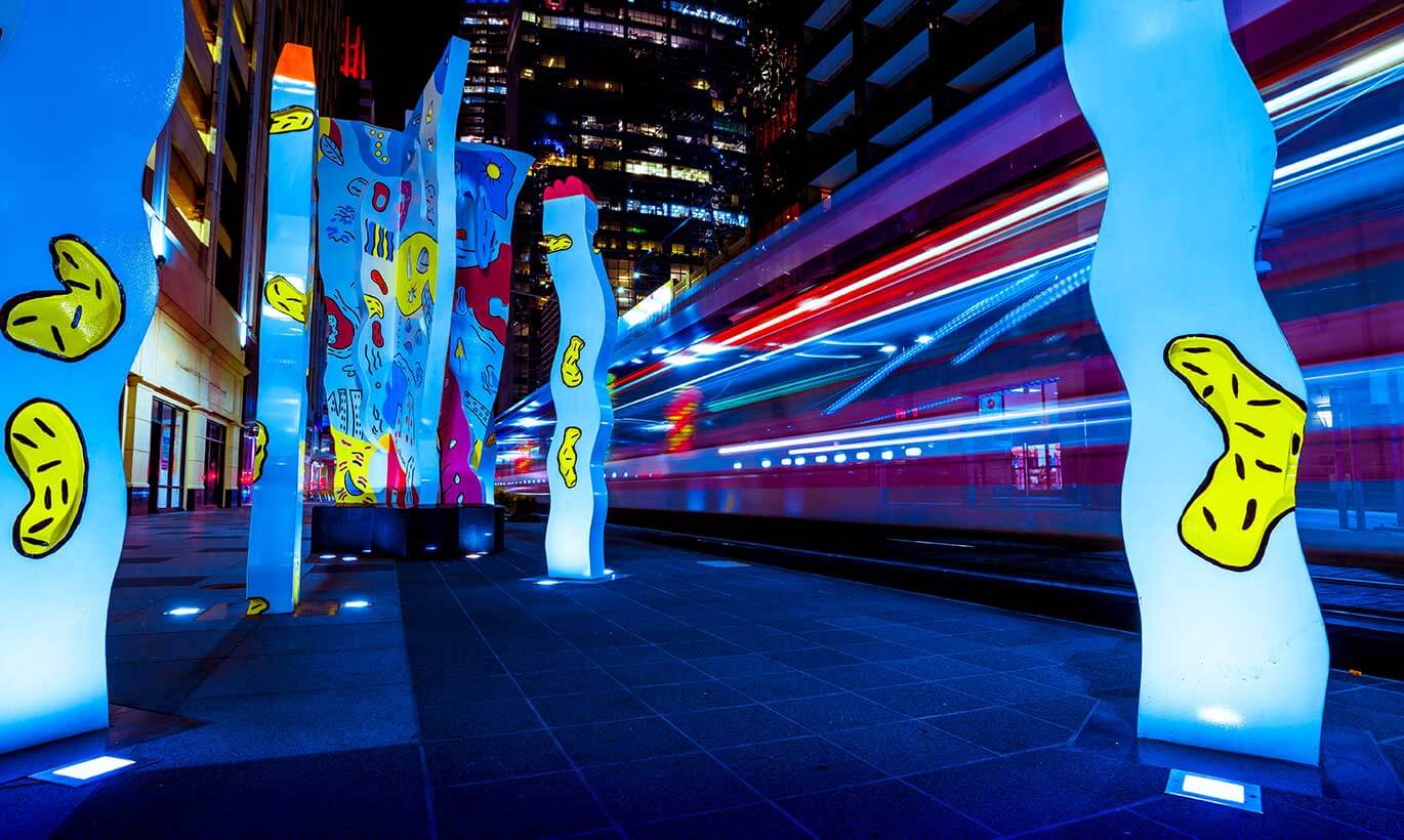 Street art in the Avenida Houston entertainment district lights up at night