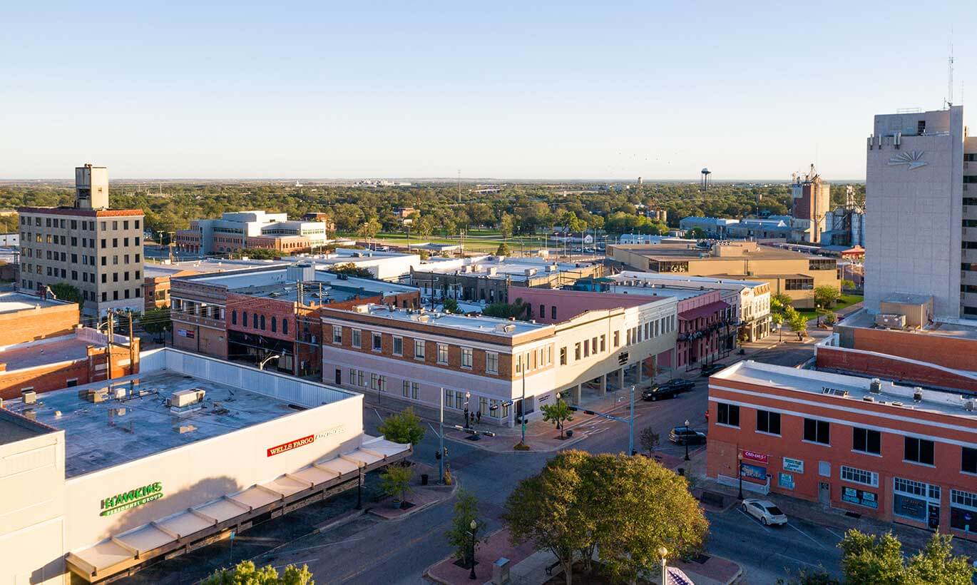 Aerial view of office buildings in Temple, Texas.