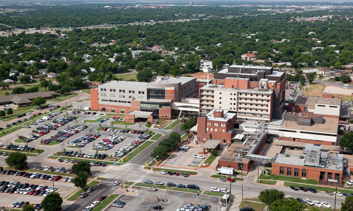 Aerial view of major office buildings and parking lots in Wichita Falls, Texas.