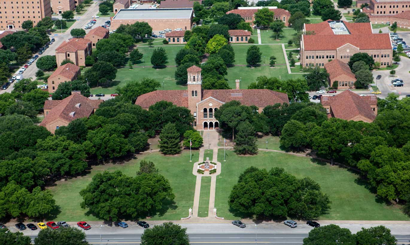 Aerial view of the Midwestern State University campus in Wichita Falls, Texas.