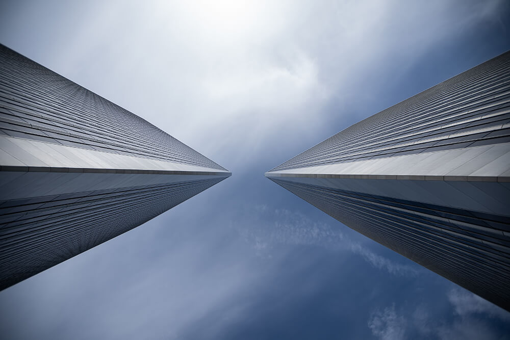 Looking up at the Century Plaza Towers that soar over the Century City skyline in Los Angeles, CA