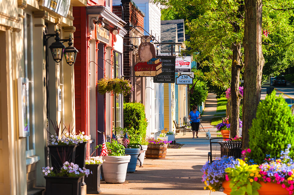 Exterior of small downtown shops