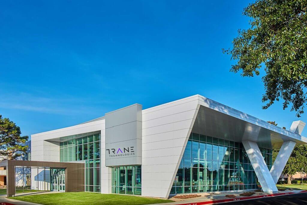 Exterior view of the modern Trane Technologies building in Tyler, Texas.